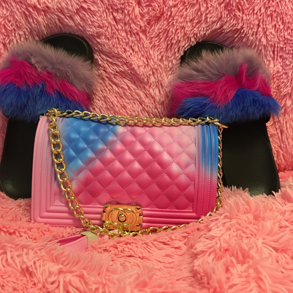 Furry slippers with matching purse
